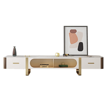 Modern Beige TV Stand with Glass Doors, 2 Drawers & Storage - MDF & Stainless Steel